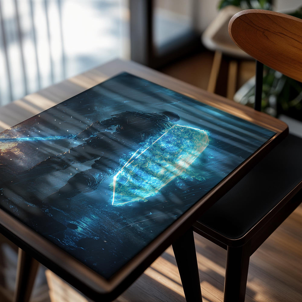 Futuristic warrior with glowing shield and weapon in a dark, stormy environment, as a premium aluminum metal print from GoMetalPrint.
