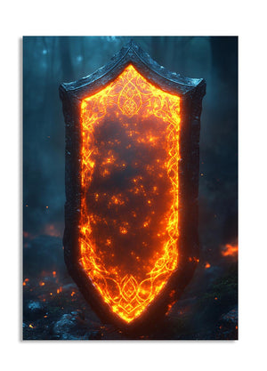 Shield with glowing orange flames against a dark background, as a premium aluminum metal print from GoMetalPrint.
