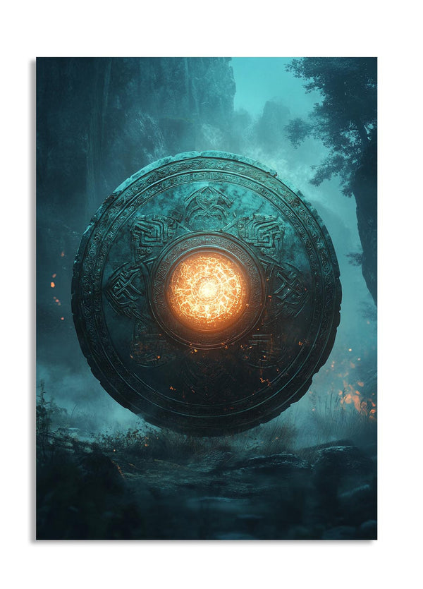 Mystical shield with glowing center in a forest setting, as a premium aluminum metal print from GoMetalPrint.
