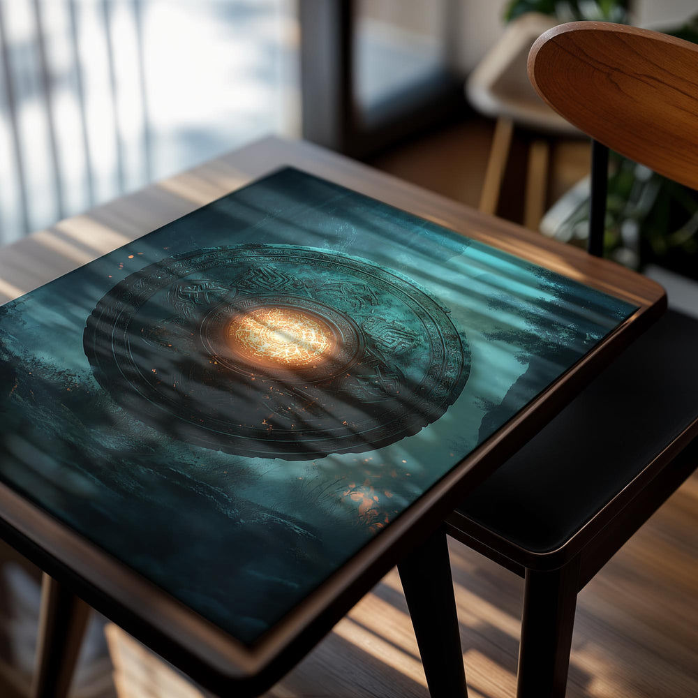 Mystical shield with glowing center in a forest setting, as a premium aluminum metal print from GoMetalPrint.
