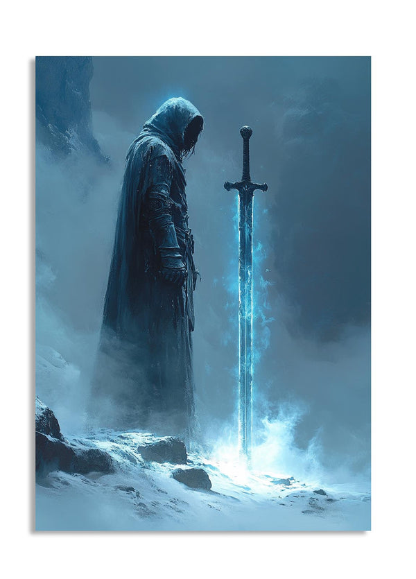 Figure in a hooded cloak holding a glowing sword in a snowy landscape, as a premium aluminum metal print from GoMetalPrint.
