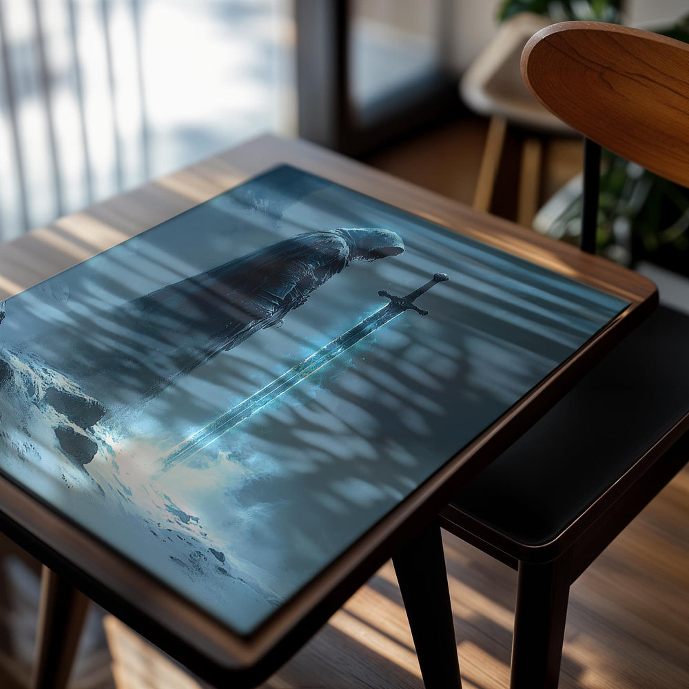 Figure in a hooded cloak holding a glowing sword in a snowy landscape, as a premium aluminum metal print from GoMetalPrint.
