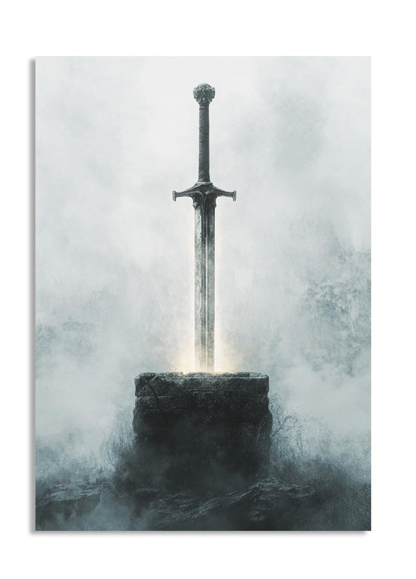 Sword embedded in a stone pedestal with a misty background, as a premium aluminum metal print from GoMetalPrint.
