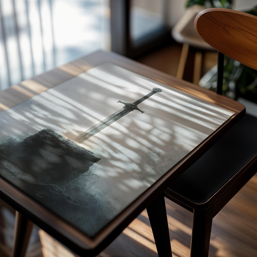 Sword embedded in a stone pedestal with a misty background, as a premium aluminum metal print from GoMetalPrint.
