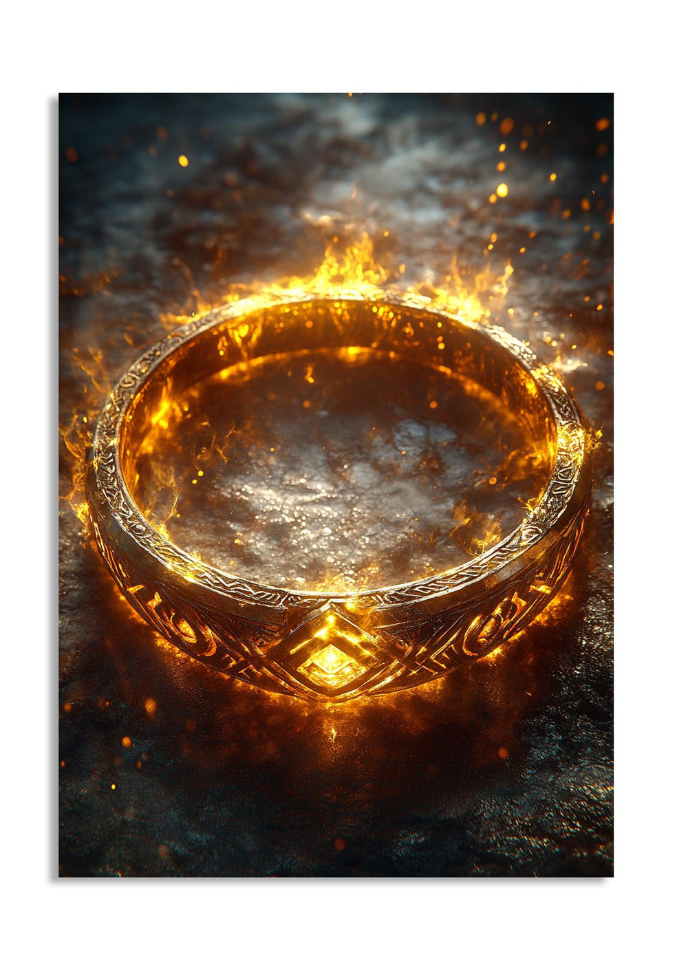 Gold ring with intricate designs on a dark, smoky background, as a premium aluminum metal print from GoMetalPrint.
