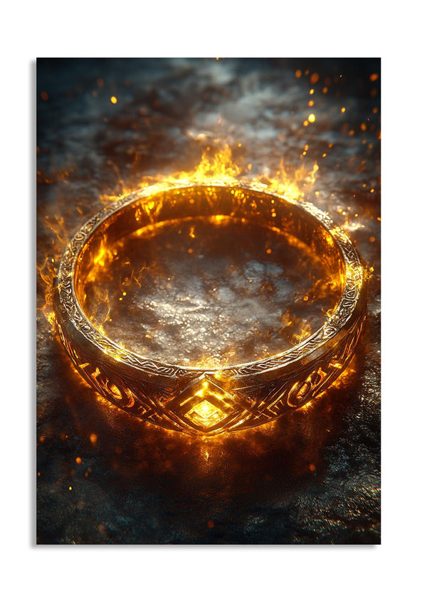 Gold ring with intricate designs on a dark, smoky background, as a premium aluminum metal print from GoMetalPrint.
