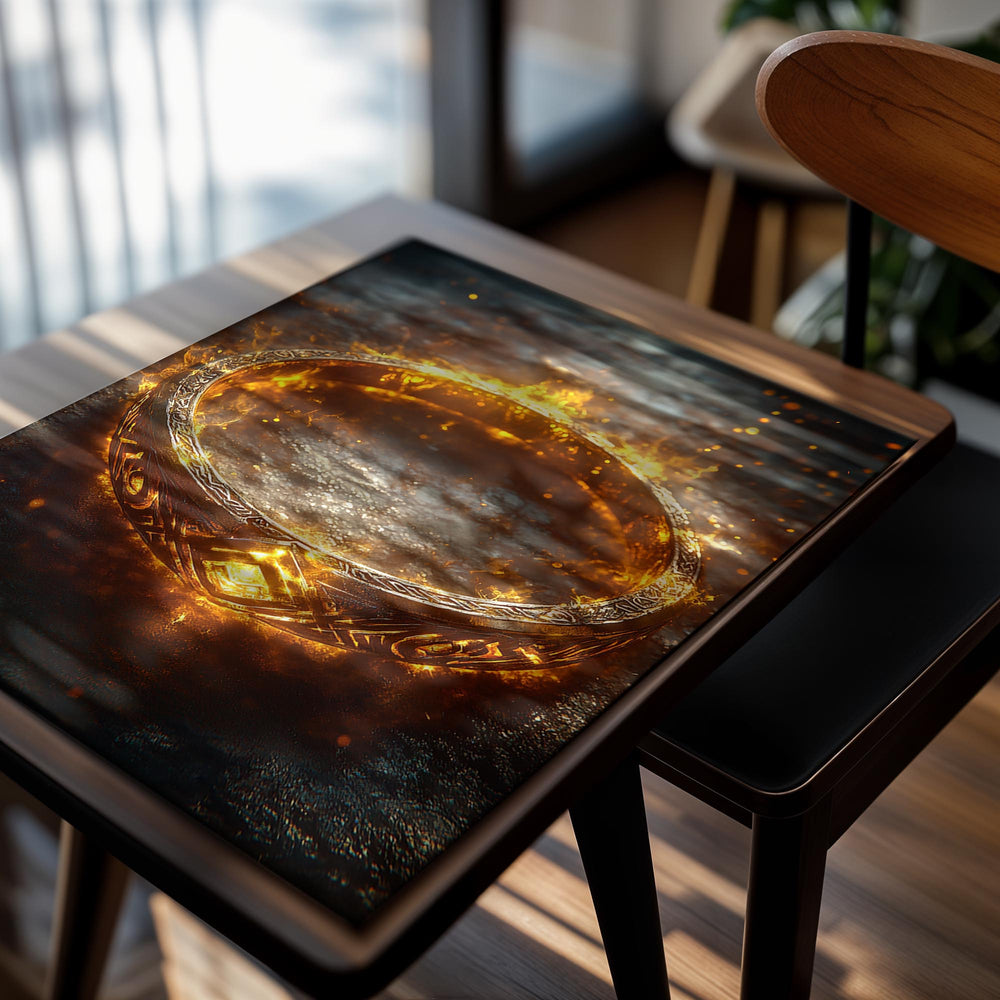 Gold ring with intricate designs on a dark, smoky background, as a premium aluminum metal print from GoMetalPrint.
