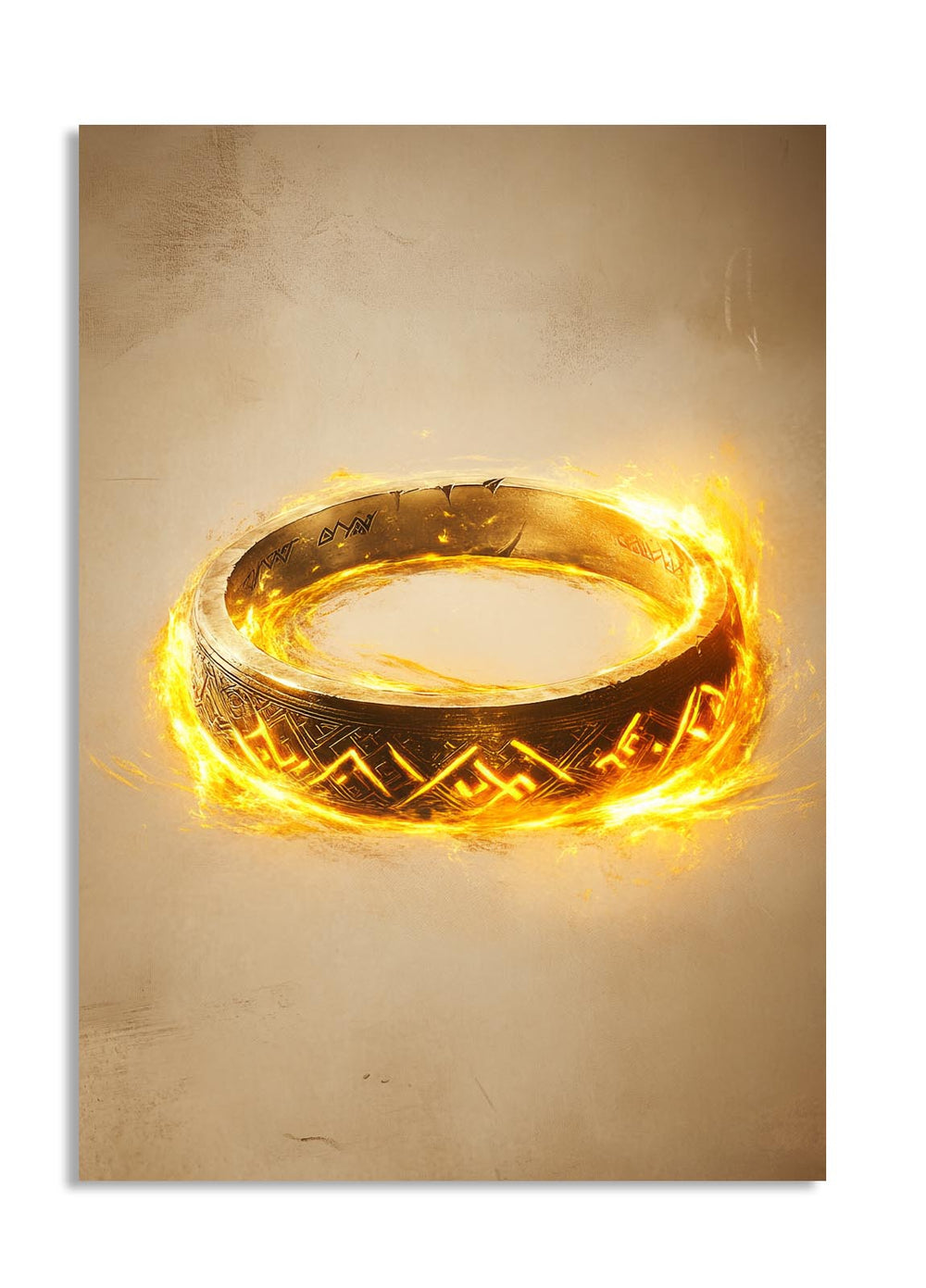 Gold ring with glowing effect on a textured gold background, as a premium aluminum metal print from GoMetalPrint.
