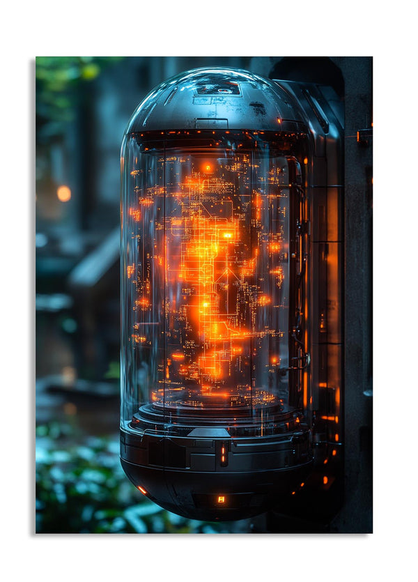 Glass container with glowing internal circuitry against a blurred natural background, as a premium aluminum metal print from GoMetalPrint.
