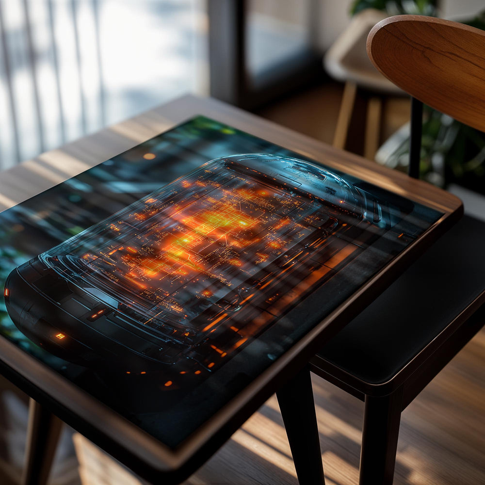 Glass container with glowing internal circuitry against a blurred natural background, as a premium aluminum metal print from GoMetalPrint.
