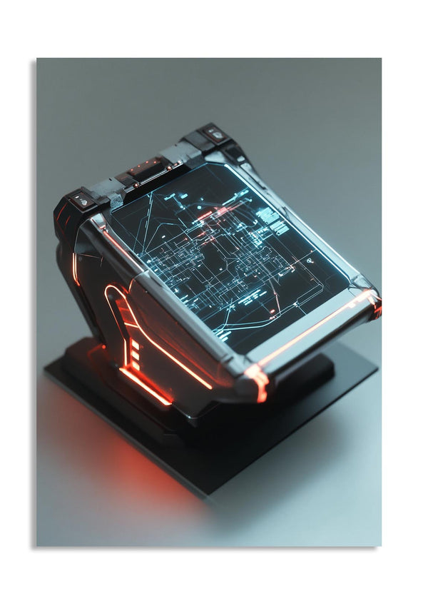 Futuristic device with glowing edges on a reflective surface, as a premium aluminum metal print from GoMetalPrint.
