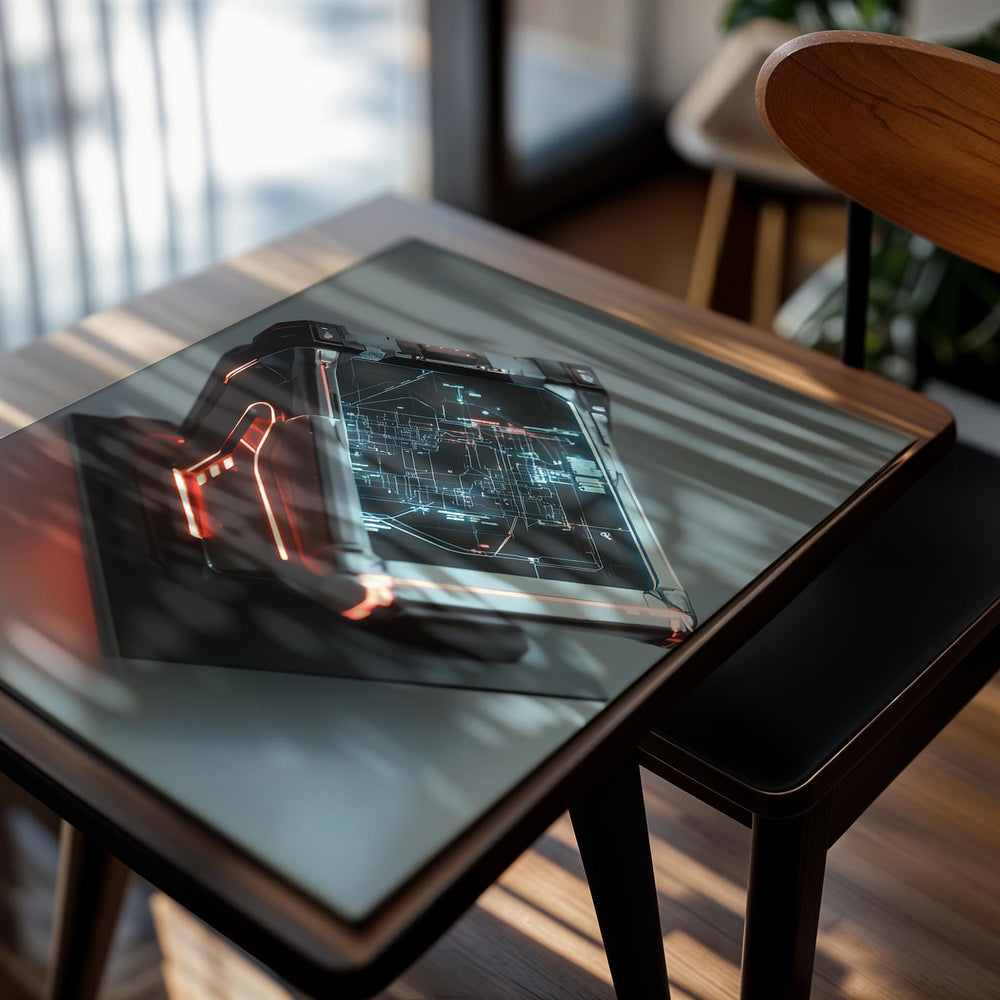 Futuristic device with glowing edges on a reflective surface, as a premium aluminum metal print from GoMetalPrint.
