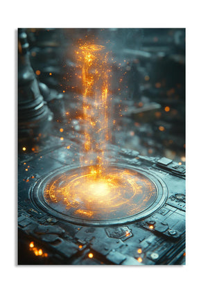 Futuristic control panel with glowing orange energy core, as a premium aluminum metal print from GoMetalPrint.
