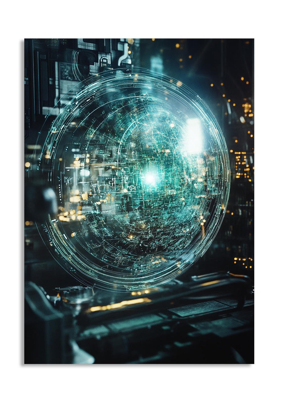 Digital art of a futuristic sphere with glowing lights on a dark background, as a premium aluminum metal print from GoMetalPrint.
