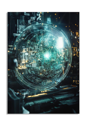 Digital art of a futuristic sphere with glowing lights on a dark background, as a premium aluminum metal print from GoMetalPrint.
