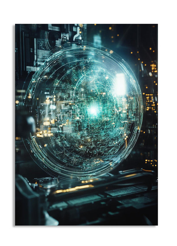 Digital art of a futuristic sphere with glowing lights on a dark background, as a premium aluminum metal print from GoMetalPrint.
