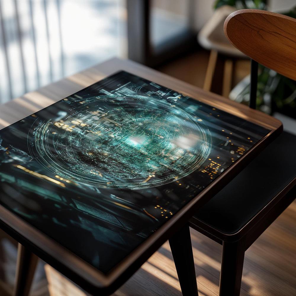 Digital art of a futuristic sphere with glowing lights on a dark background, as a premium aluminum metal print from GoMetalPrint.
