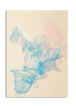 Abstract art piece with blue and pink watercolor design on a beige background, as a premium aluminum metal print from GoMetalPrint.
