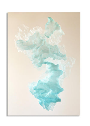 Abstract artwork with light blue and white smoke-like shapes on a beige background, as a premium aluminum metal print from GoMetalPrint.

