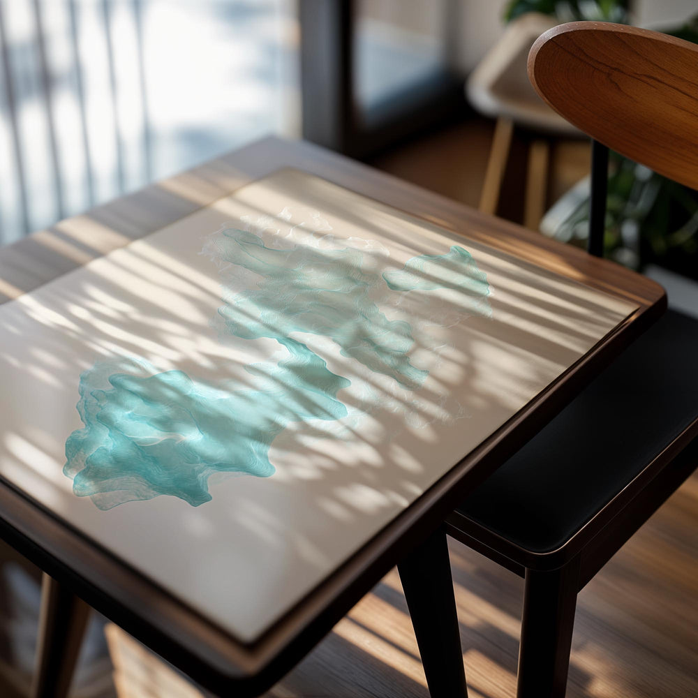 Abstract artwork with light blue and white smoke-like shapes on a beige background, as a premium aluminum metal print from GoMetalPrint.
