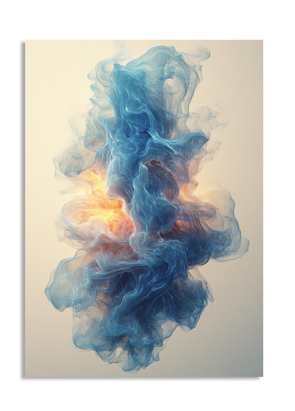 Abstract art piece with blue and orange smoke-like shapes on a beige background , as a premium aluminum metal print from GoMetalPrint.
