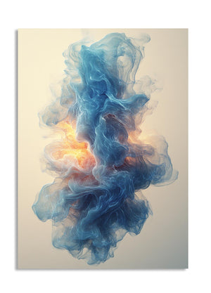 Abstract art piece with blue and orange smoke-like shapes on a beige background , as a premium aluminum metal print from GoMetalPrint.
