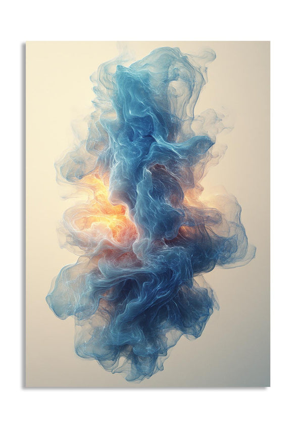 Abstract art piece with blue and orange smoke-like shapes on a beige background , as a premium aluminum metal print from GoMetalPrint.

