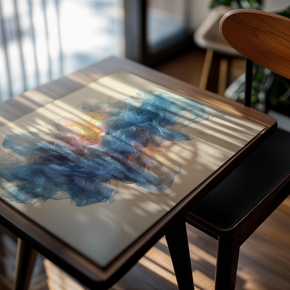 Abstract art piece with blue and orange smoke-like shapes on a beige background , as a premium aluminum metal print from GoMetalPrint.
