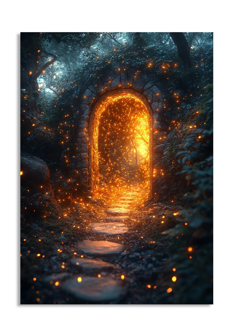 Fantasy scene with a glowing archway in a forest, as a premium aluminum metal print from GoMetalPrint.
