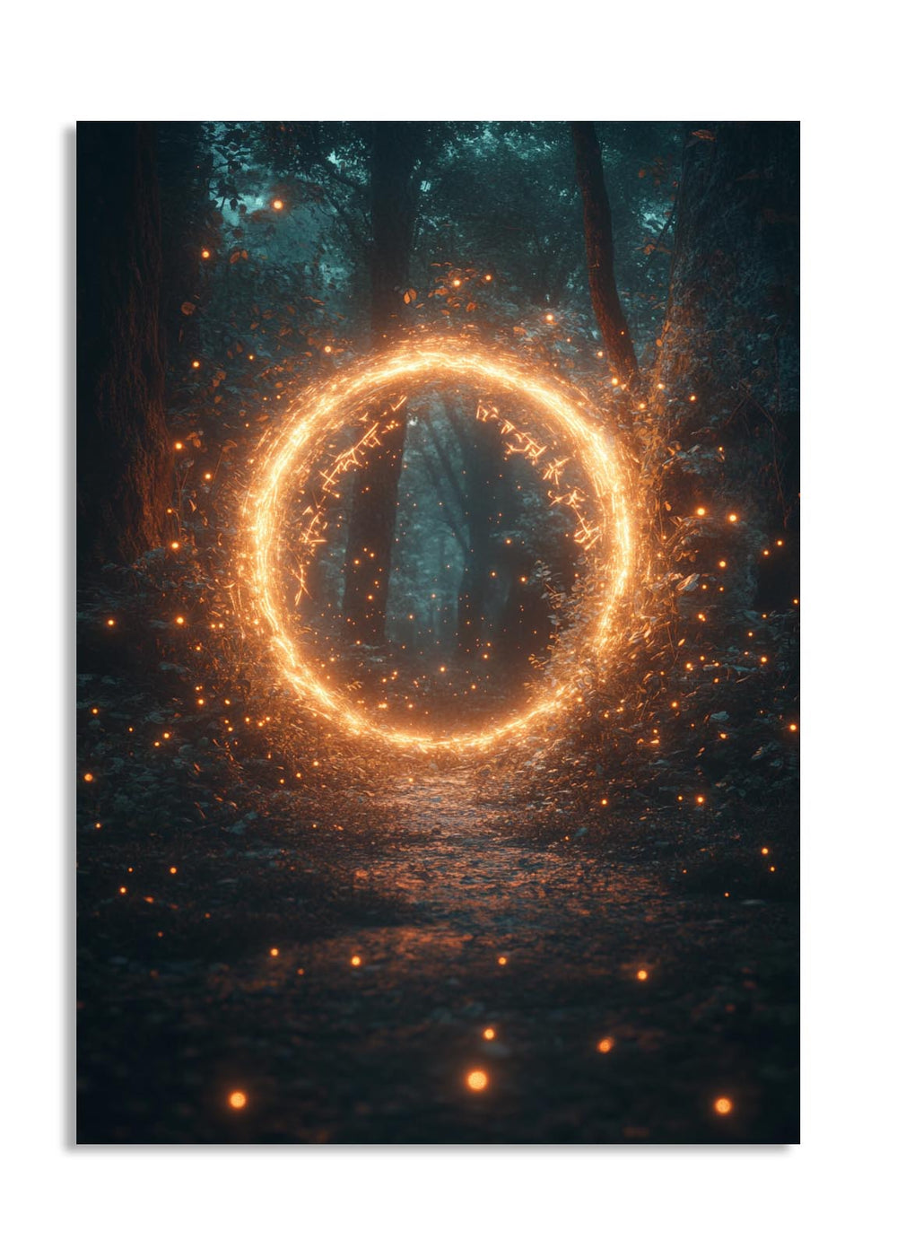 Circular glowing effect over a forest scene, as a premium aluminum metal print from GoMetalPrint.
