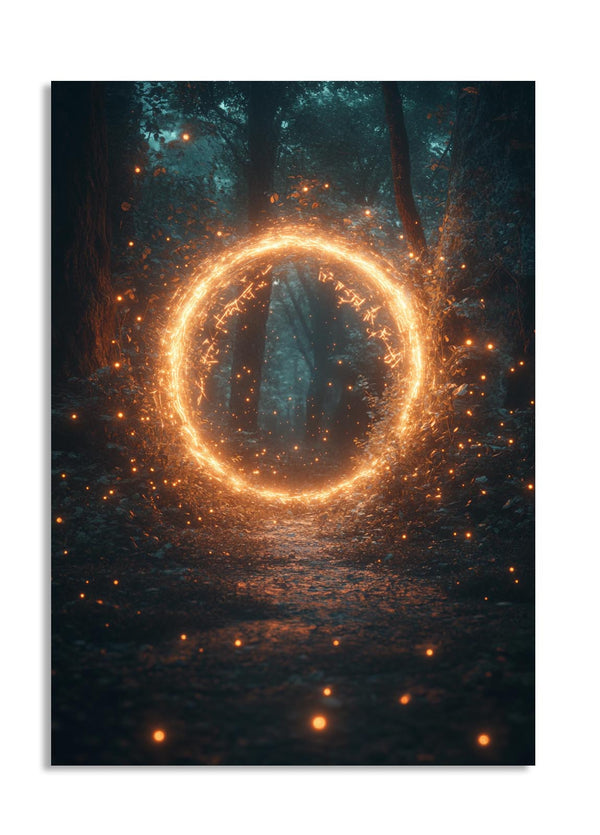 Circular glowing effect over a forest scene, as a premium aluminum metal print from GoMetalPrint.
