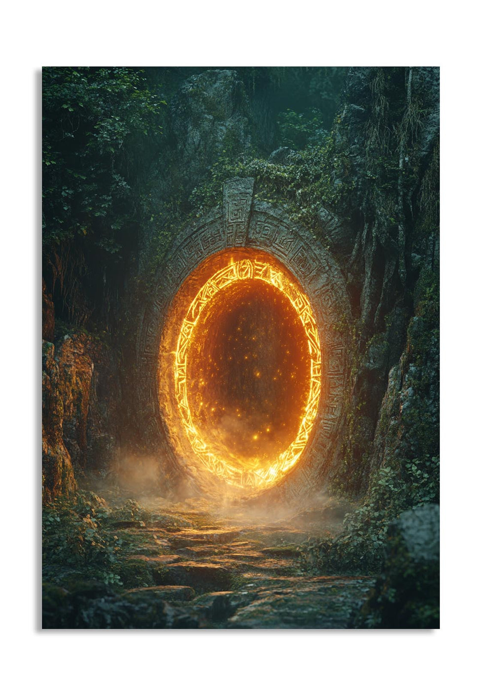 Fantasy door with glowing circular entrance in a forest setting, as a premium aluminum metal print from GoMetalPrint.
