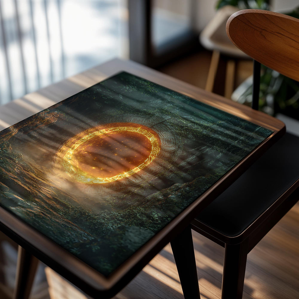 Fantasy door with glowing circular entrance in a forest setting, as a premium aluminum metal print from GoMetalPrint.
