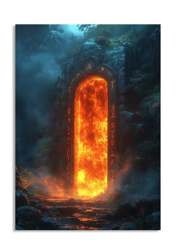 Majestic fiery archway in a dark forest, as a premium aluminum metal print from GoMetalPrint.
