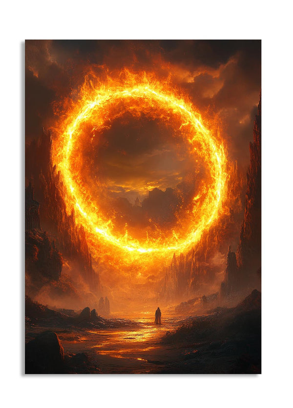 Majestic ring of fire with a person standing at the base in a dark, rocky landscape, as a premium aluminum metal print from GoMetalPrint.
