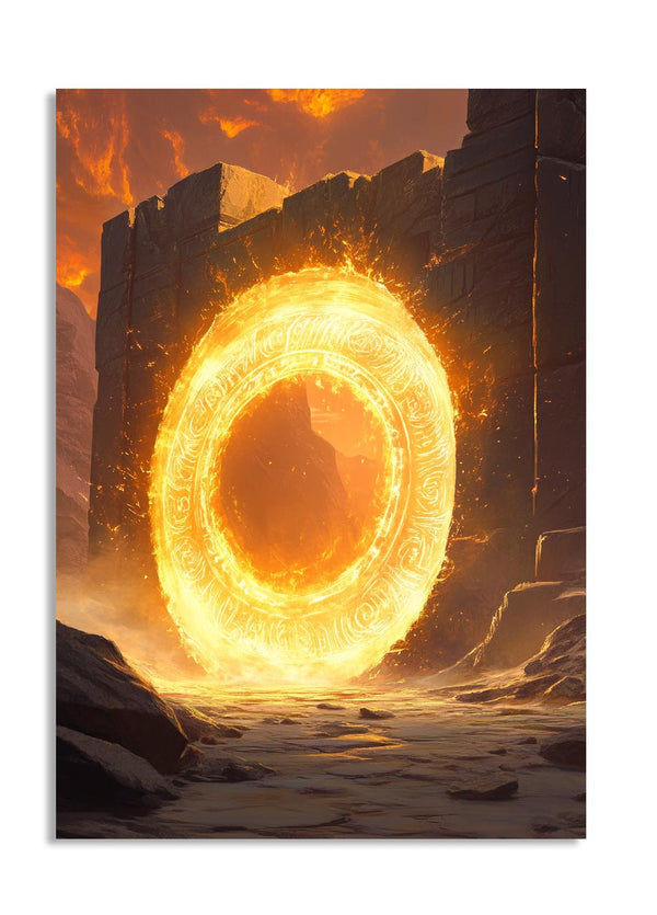 Mystical glowing ring in a fantasy setting with fiery background, as a premium aluminum metal print from GoMetalPrint.

