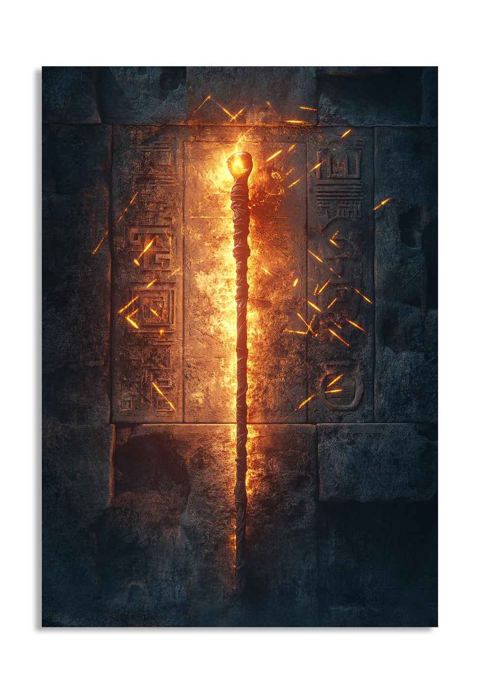 Decorative wall art with a torch and hieroglyphics on a dark background, as a premium aluminum metal print from GoMetalPrint.
