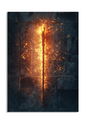 Decorative wall art with a torch and hieroglyphics on a dark background, as a premium aluminum metal print from GoMetalPrint.
