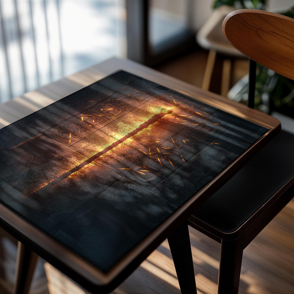 Decorative wall art with a torch and hieroglyphics on a dark background, as a premium aluminum metal print from GoMetalPrint.
