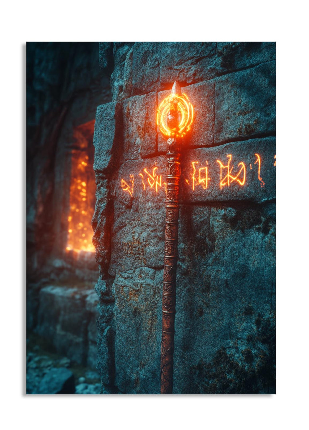 Futuristic sword embedded in a stone wall with glowing runes, as a premium aluminum metal print from GoMetalPrint.

