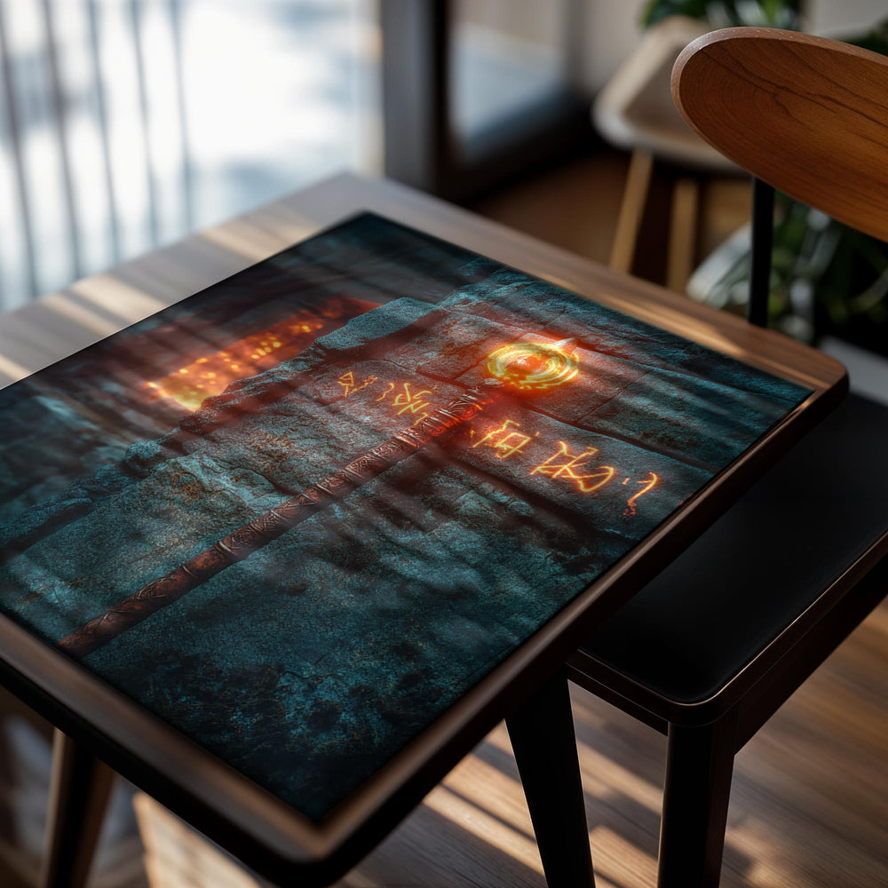 Futuristic sword embedded in a stone wall with glowing runes, as a premium aluminum metal print from GoMetalPrint.
