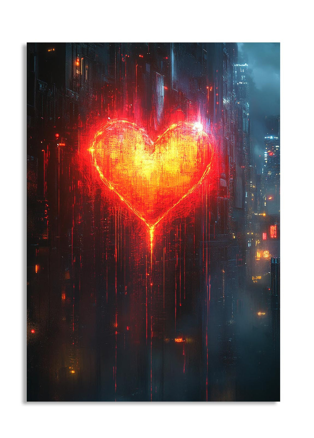Heart-shaped light in a futuristic cityscape with red and orange hues, as a premium aluminum metal print from GoMetalPrint.
