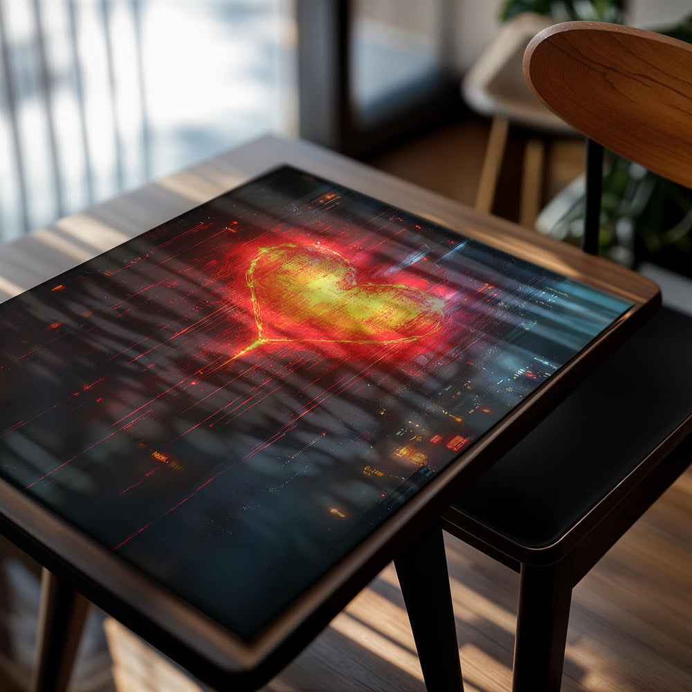 Heart-shaped light in a futuristic cityscape with red and orange hues, as a premium aluminum metal print from GoMetalPrint.
