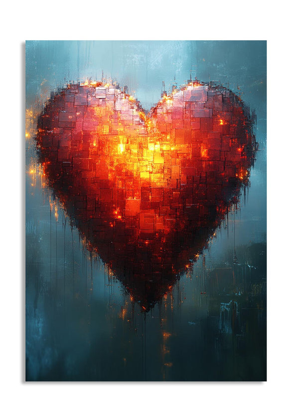 Heart-shaped mosaic art piece with red and orange colors on a dark background , as a premium aluminum metal print from GoMetalPrint.

