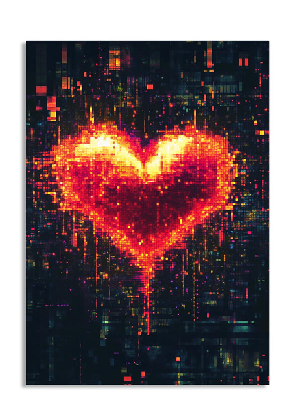 Heart-shaped design made of glowing pixels on a dark background, as a premium aluminum metal print from GoMetalPrint.
