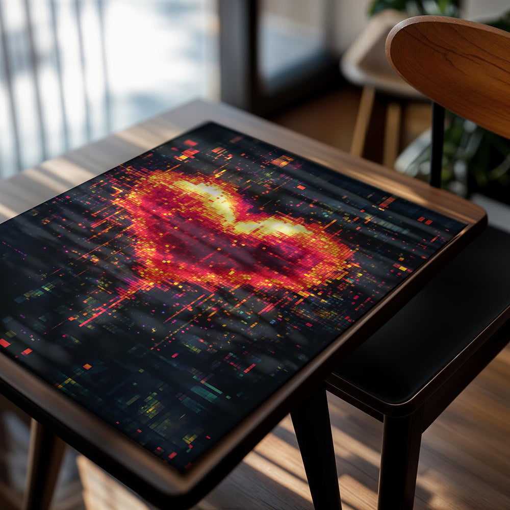Heart-shaped design made of glowing pixels on a dark background, as a premium aluminum metal print from GoMetalPrint.

