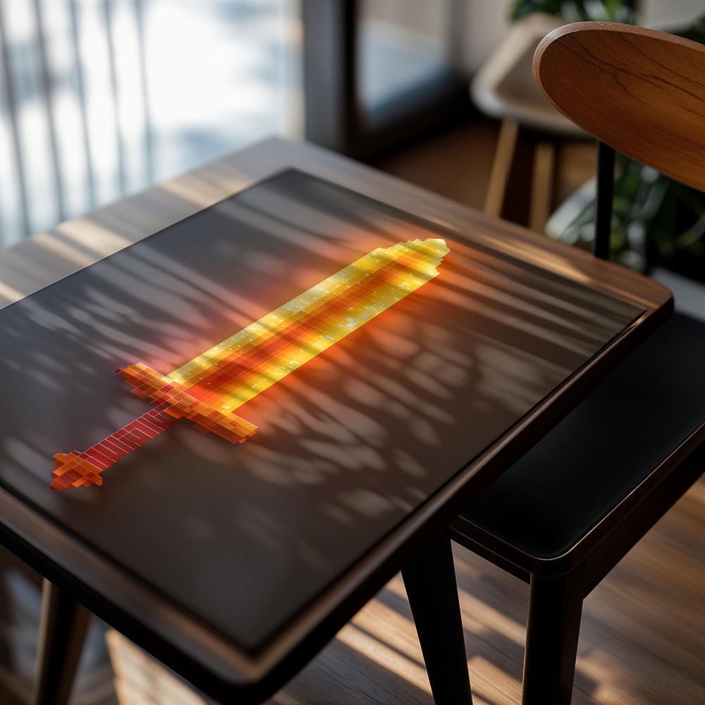 Neon sword sculpture on a dark background, as a premium aluminum metal print from GoMetalPrint.
