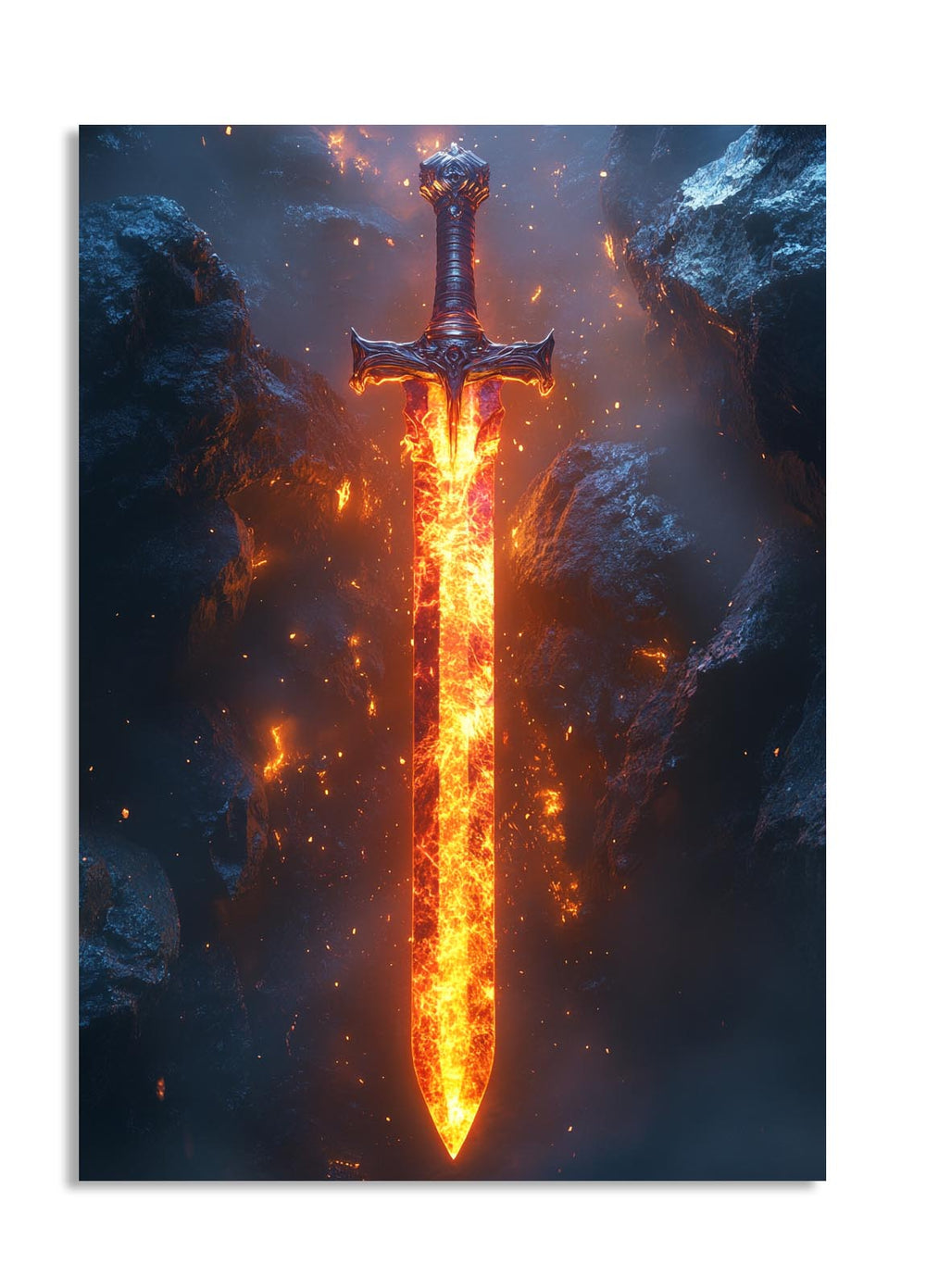 Sword embedded in glowing lava with a dark rock background, as a premium aluminum metal print from GoMetalPrint.
