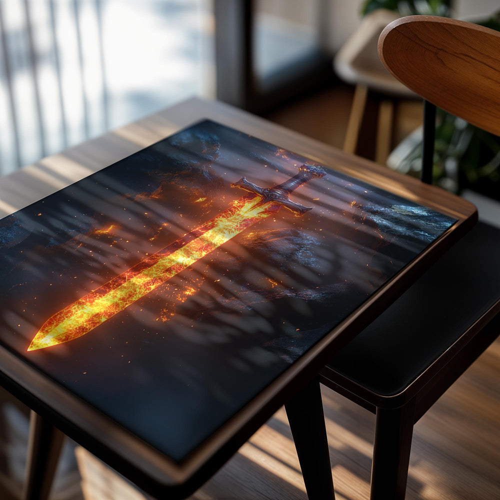 Sword embedded in glowing lava with a dark rock background, as a premium aluminum metal print from GoMetalPrint.
