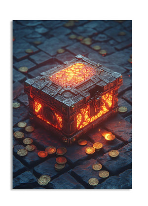 Decorative glass box with glowing interior on a dark surface with coins around, as a premium aluminum metal print from GoMetalPrint.
